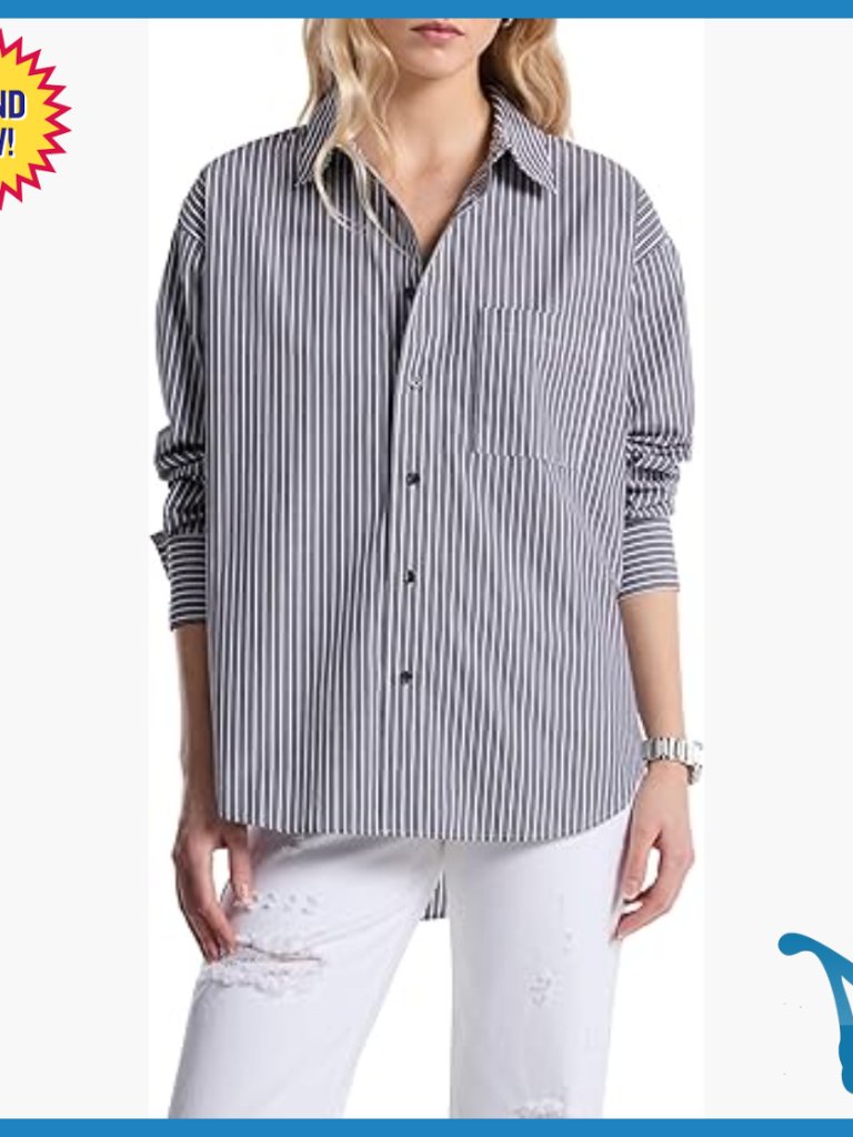 Oversized Cotton Button-Down Shirt, Long Sleeve Striped Blouse